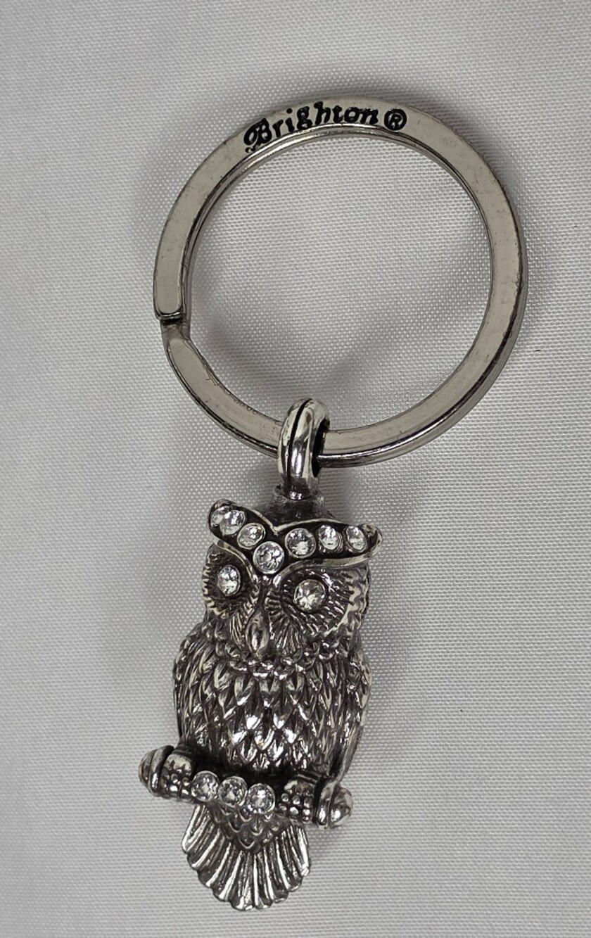 Brighton Silver Rhinestone Crystal Owl Keychain Key Ring Fob Charm Retired 3"